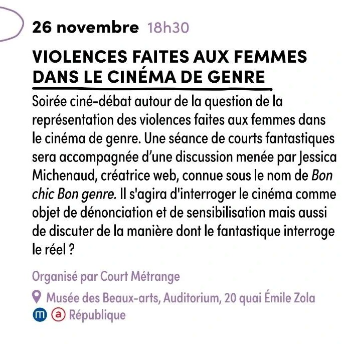 Benoit_Chre's tweet photo. Demain (26/11/22)🟣18h30🟣 Musée des Beaux-arts de🟣 avec @GenreChic et Maude Robert🟣 @metropolerennes  #FestivalCourtMetrange  #MetrangeNomade #violencesfaitesauxfemmes  #Cinema  #CinéDébat  #25NOVEMBRE  #NousToutes https://t.co/F8uAbnQPQZ