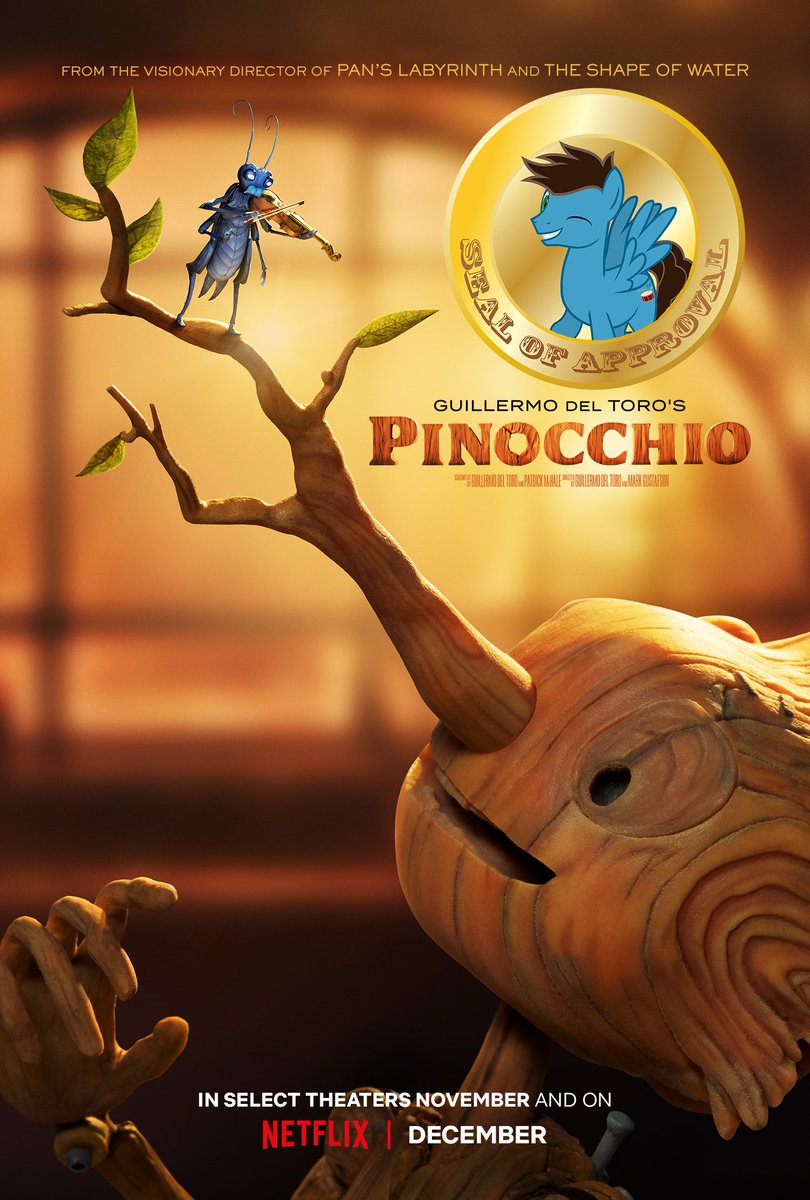 DrumstickPony's tweet photo. I have just seen Guillermo Del Toro's Pinocchio in theaters, and it's a masterpiece!  This is my favorite version of Pinocchio.  It reminds me why I love animation as a medium.  This is the best of cinema.

Guillermo Del Toro's Pinocchio gets the Drumstick Seal of Approval! https://t.co/sf2O5Af6G1