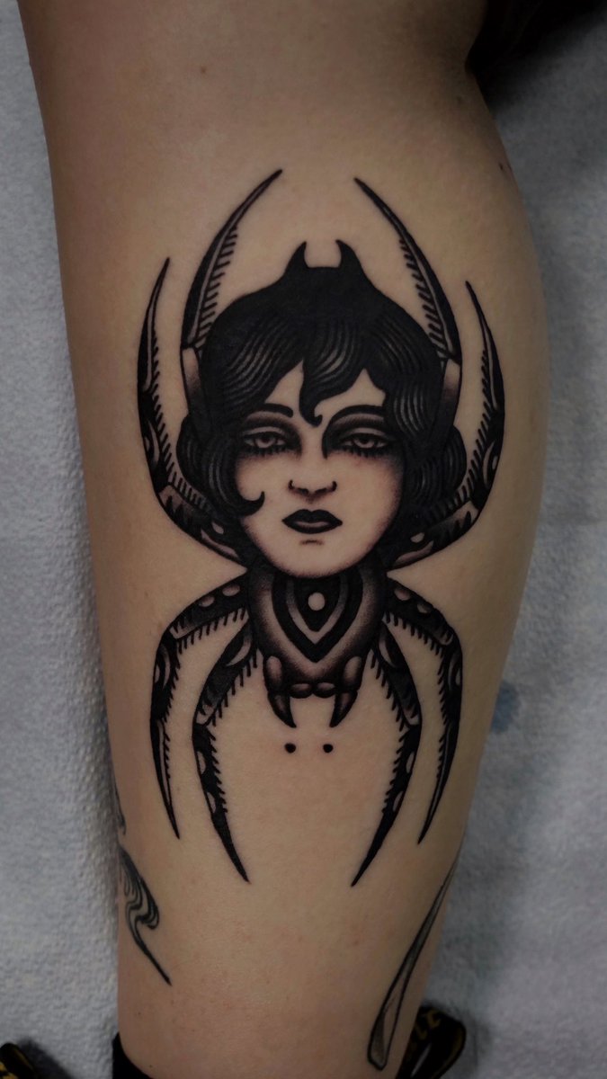 Tattoo tagged with: blackw, dots, spider, woman | inked-app.com