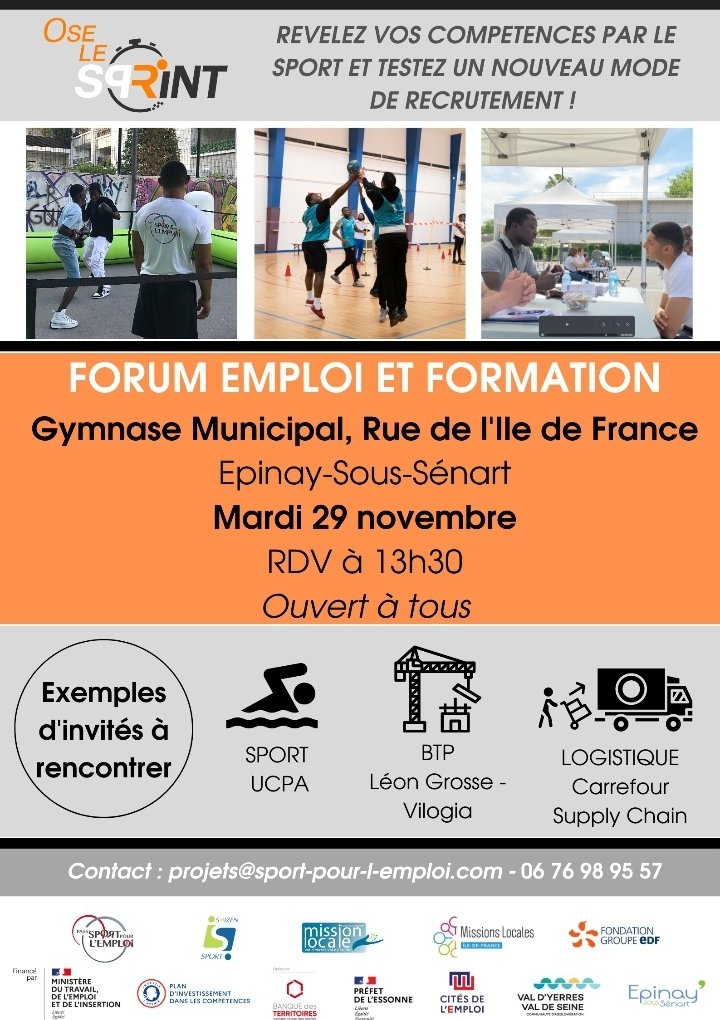 CiteEmploiVYVS's tweet photo. La clôture du dispositif Ose le Sprint à Epinay-Sous-Sénart approche ! 
Elle aura lieu mardi 29 après-midi, au complexe sportif municipal situé au bout de la rue de l'Île-de-France. 
Ateliers sportifs et job dating au programme! @ShizenSporTruck
@Sport_Emploi @BenoitCampargue https://t.co/MqCpSIMyAv