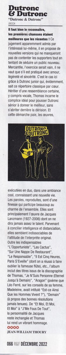 <a href="/ThomasDutronc/">Thomas Dutronc</a> <a href="/ActuThomDutronc/">Thomas DUTRONC, actu & guitare</a> <a href="/jacques_dutronc/">Jacques Dutronc</a> Merci beaucoup Jacques, Thomas et tous les musiciens impliqués pour cette belle soirée inoubliable avec vous au Zénith de Pau : "Les garçons et les filles de Pau vous aiment !" Quelle belle critique au Rock&amp;Folk‼️🎸