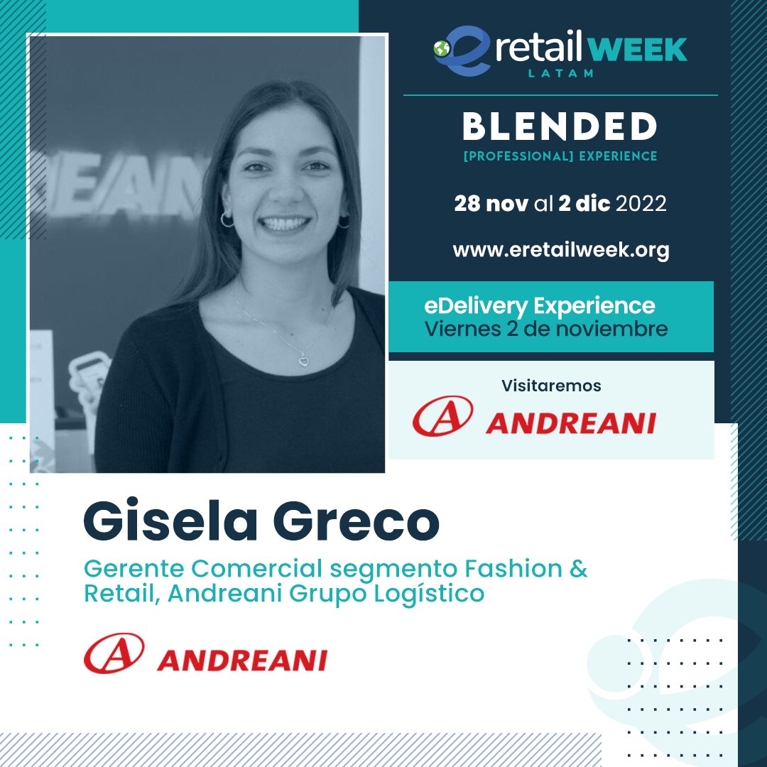 eCommerceDay's tweet photo. Viernes 2 de diciembre 🚚📦 ¡Conocé por dentro las operaciones de Andreani Grupo Logístico!
Gisela Greco, Gerente Comercial segmento Fashion & Retail, @andreaniok
🎫 ¡Adquirí tu entrada! https://t.co/AvEtNqYfg1
#eRetailWeek #eDelivery #logistica #fulfillment https://t.co/Rot9l98H1z
