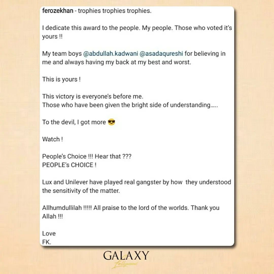 galaxylollywood's tweet photo. Feroze Khan expresses his gratitude towards the fans, for voting for him and ultimately giving him the opportunity to win the "Best Actor - Viewer's Choice" award at LSA.
#GLxLSA22 #LUXStyleAwards #21yearsofLSA #LSA2022 #FerozeKhan https://t.co/4SAdPImWuS