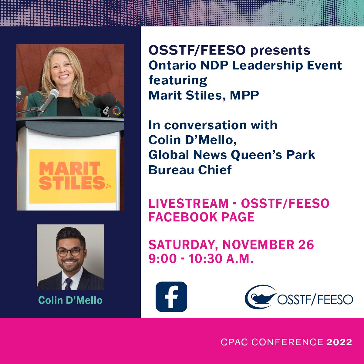📢 Attn Special Livestream Event on #OSSTF Facebook page!

Concerned about the future of this province?
Join us for a special, live-streamed, event with <a href="/OntarioNDP/">Ontario NDP</a> MPP &amp; leadership candidate @maritstiles

📅 Sat. Nov. 26
⏰ 9:00-10:30 a.m.
#OntEd #OnPoli