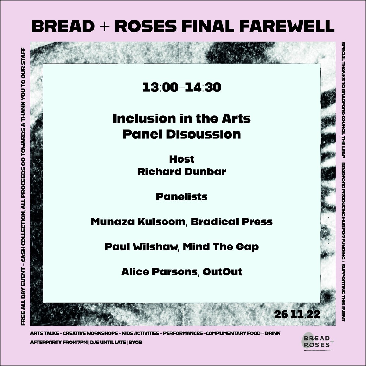 BreadandRosesBD's tweet photo. FINAL FAREWELL LINEUP | ARTS TALKS: INCLUSION IN THE ARTS PANEL| 13:00- 14:30 | CO-WORKING SPACE 

Late one, but we're excited to announce that @AliceParsons from #OutOut has been added to our #inclusion #paneldiscussion tomorrow afternoon ❣️ https://t.co/njAvazgKoe