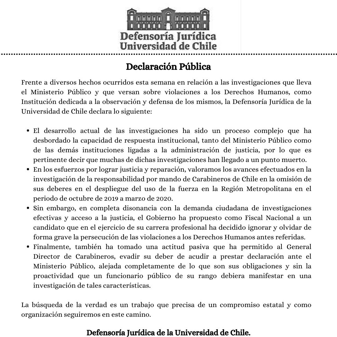 Declaración Pública en relación a los hechos ocurridos esta semana respecto a las investigaciones llevadas a cabo por el Ministerio Público sobre violaciones a DDHH.