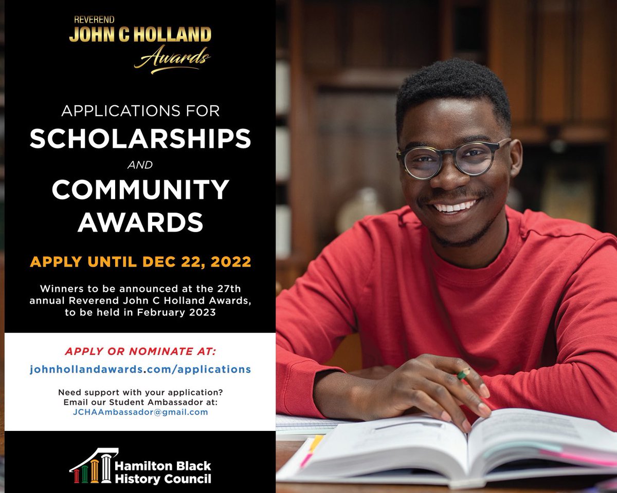 Scholarship and community award applications are open until December 22 ✨✨
Apply at: johnhollandawards.com/applications 

#jcha2023 #scholarships #blackexcellence #HamOnt