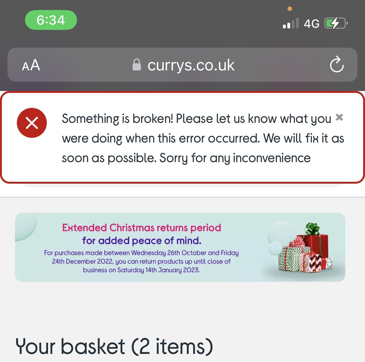 P_h0e_be's tweet photo. @currys I’m trying to place an order and kept being met with this message. I’ve tried on my laptop, phone, and I’ve tried on another person’s account and it still won’t work. What is the problem, please? https://t.co/VUQxpFs5oF