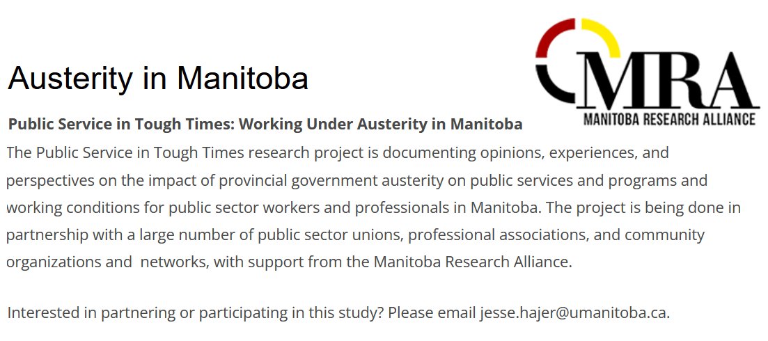 jwhajer's tweet photo. Calling all current and past MB public service workers (including those working in community orgs): Please support our research on MBGov austerity (cuts, freezes, contracting out) and the impact on services and working conditions.  #mbpoli Details here:
https://t.co/xqnqVtM7C7 https://t.co/a9rtfqpAwk