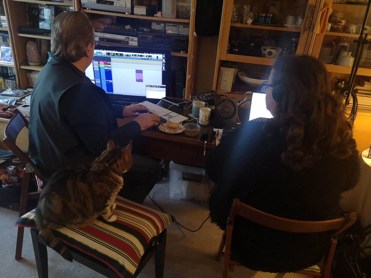 ReemKelani's tweet photo. Our FIRST home studio session for the #Andalucia project.
With ace sound engineer #SteveLowe & ace mascot #Rafiki the #cat.
Dedicated to the memory of #Syrian #filmmaker #HatimAli & #Andalusian #cantautor #CarlosCano.
Hoping this blessed #Friday casts positive vibes on all. https://t.co/iwee1OVjVG