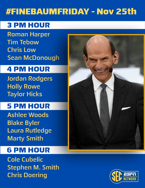 finebaum's tweet photo. Kick your feet up on the couch, heat up some leftovers and prepare for a dynamite #FinebaumFriday from The Iron Bowl in Tuscaloosa, AL. https://t.co/NancQDu3c5