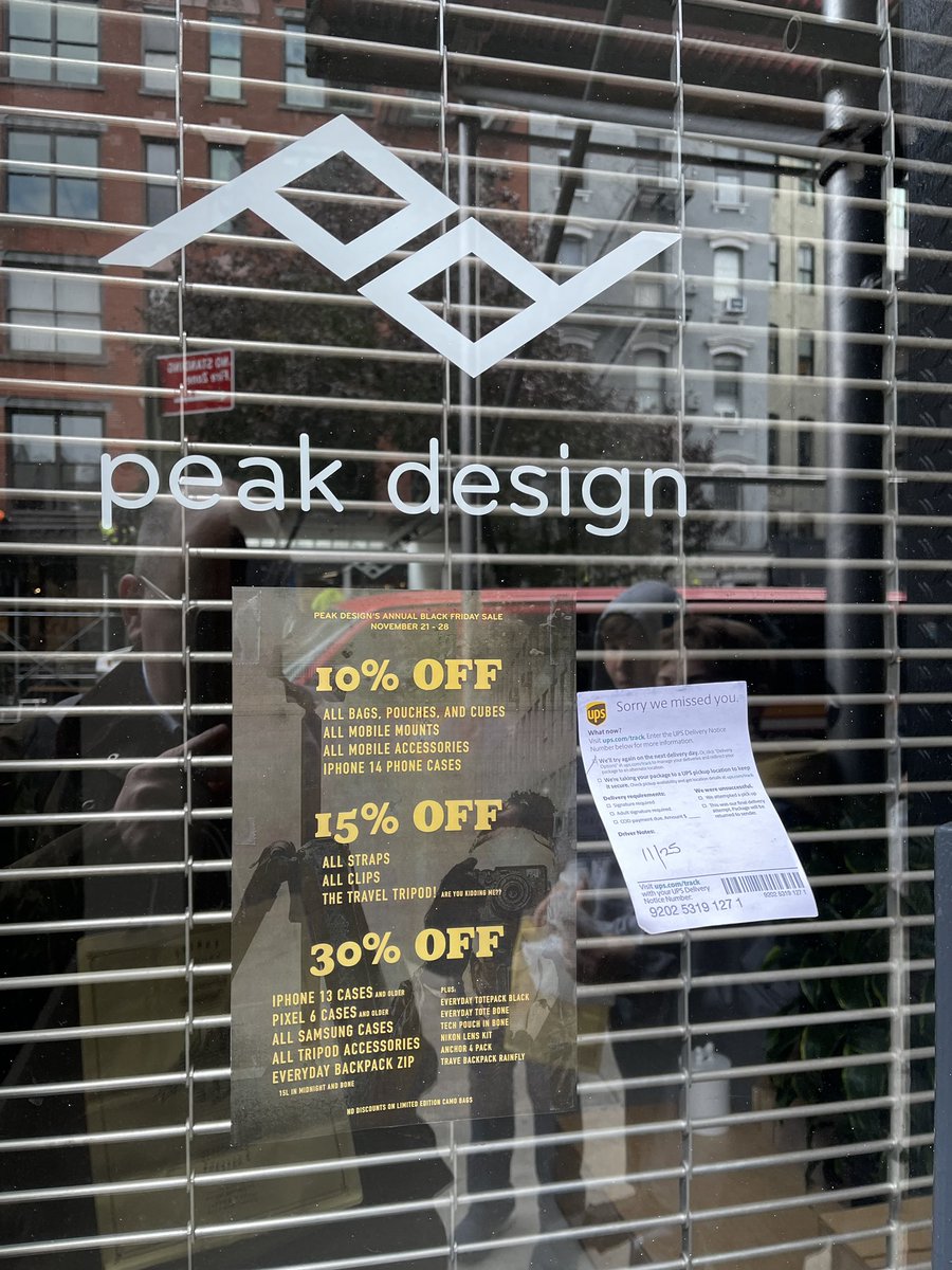 michaelroth's tweet photo. @peakdesignltd NYC store closed on Black Friday??? So sad! Wanted to spend! https://t.co/eq200KUikb