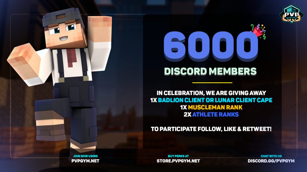 PvPGymOfficial's tweet image. 🥳 As a thank you for 6,000 Discord members, we are hosting a Giveaway!

🎉 You can win the following:
 1x Badlion Client or Lunar Client Cloak
 1x Muscleman Rank
 2x Athlete Ranks

🔴 To participate in the giveaway you have to follow, like &amp;amp; retweet!

❤️ Good Luck everyone!