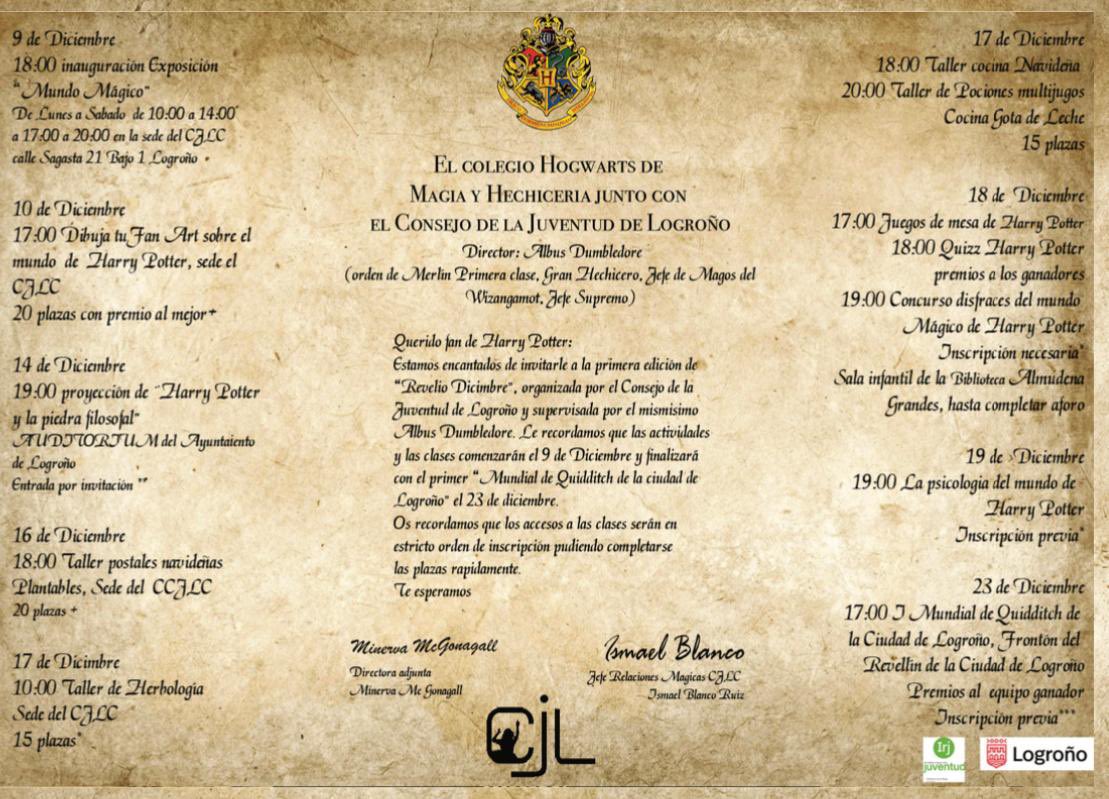 Hecha un ojo 👀 a todas las actividades de ⚡️🧹Revelio Diciembre ⚡️🧹 y no te quedes sin participar. Si tienes entre 16 y 35 años y ❤️ Harry Potter este va ha ser tu mes!!! Anímate y corre a apuntarte 🏃‍♂️🏃‍♀️#juventud #revelio #logroño #HarryPotter