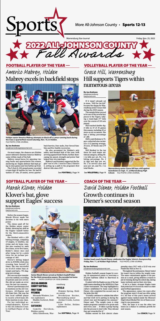Pick up today’s <a href="/BurgStarJournal/">Warrensburg Star-Journal</a> for Fall All-Johnson County Awards! 

Full coverage at WarrensburgStarJournal.com/Sports, with stories being tweeted at <a href="/BurgStarSports/">Warrensburg Star-Journal Sports</a> today and tomorrow.