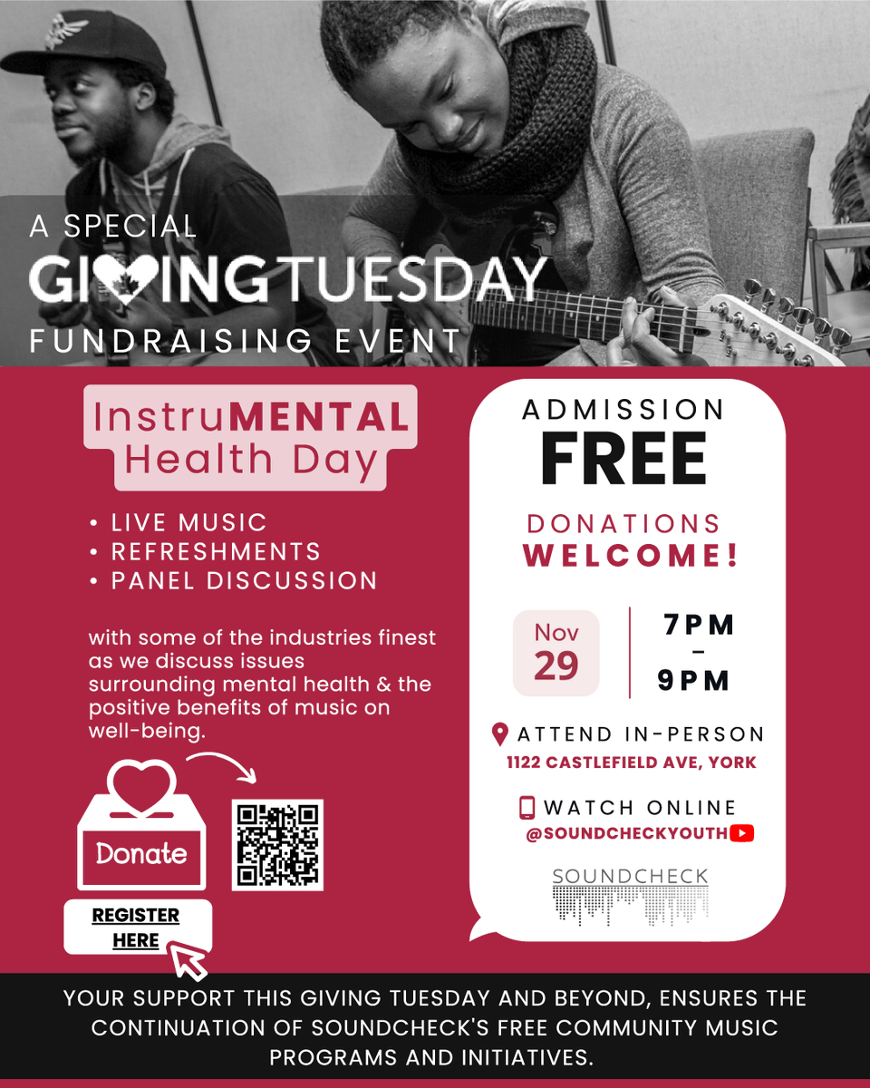 SoundCheck's InstruMENTAL Health Day- A Giving Tuesday Fundraiser . #GivingTuesday on 
November 29th, 7-8 PM. GOOD MUSIC - GOOD CONVERSATIONS - GOOD VIBES.
Register 👉 https://www.eventbrite.com/e/instrumental-health-day-a-giving-tuesday-fundraiser-tickets-469314350857 to register for FREE.
Donations are welcome:👉 https://soundcheckyouth.com/givingtuesday/
#soundcheckyouth 