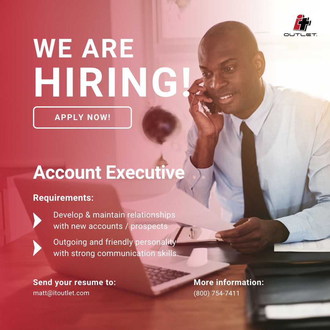 Are you an expert of helping people &amp; holding yourself accountable? IT Outlet is looking for motivated individuals who love to work hard, engage &amp; create lasting relationships to join our growing Account Executive team. Apply here &gt;&gt;&gt; hubs.ly/Q01sTC_x0