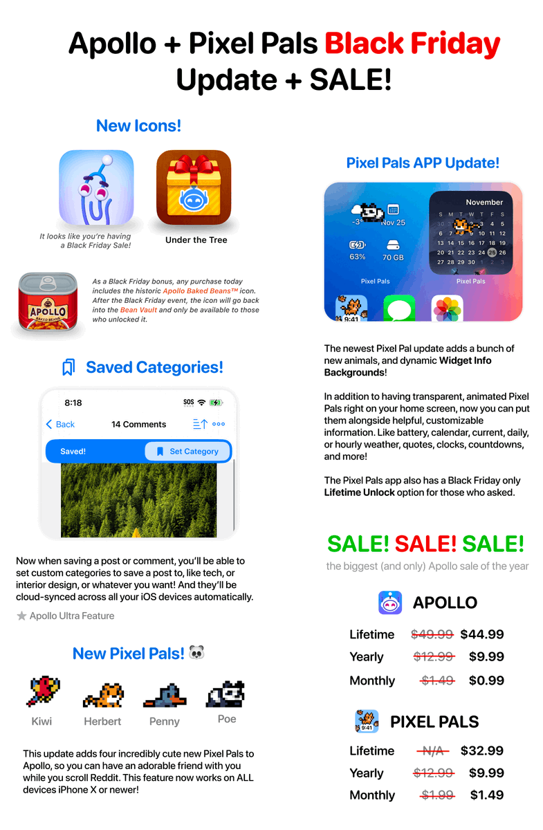 Apollo and Pixel Pals Black Friday UPDATES and SALES are now available! Biggest/only sale of the year for Apollo/Pixel Pals, with new animals, saved post categories, new icons, beans, new Widget Info Backgrounds, and more! 🥳♥️

Reddit thread: reddit.com/r/apolloapp/co…