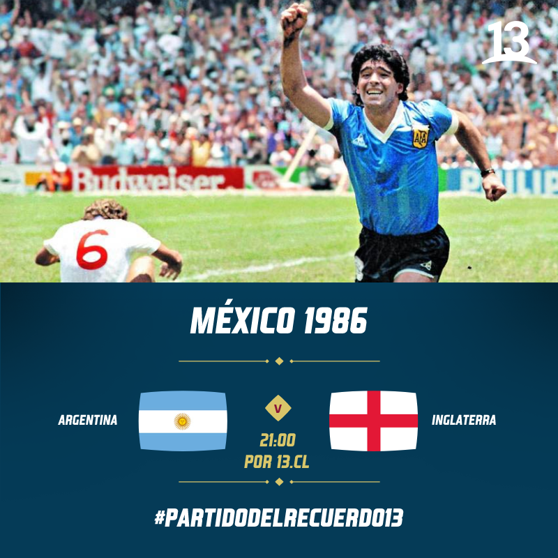 canal13's tweet photo. Esta noche revive el partido de Argentina 🇦🇷 vs Inglaterra 🏴󠁧󠁢󠁥󠁮󠁧󠁿 en el 
 Mundial de México 1986 con el "GOL DEL SIGLO" y la recordada "MANO DE DIOS" de Diego Maradona ⚽️✋

Vuelve a vivir este gran momento de la historia del fútbol a las 21:00 horas por https://t.co/praYnKPyD7 💻📲 https://t.co/tX3o90qjEV