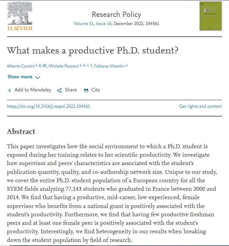 What makes a productive #PhD student?

A. A SUPPORTIVE supervisor
B. SUFFICIENT salary each month
C. LIMITED working hours

That’s all needed for a PhD fellow to perform productively.

Link: doi.org/10.1016/j.resp…

⁦#Phd #AcademicTwitter #phdchat #phdlife  #researchers