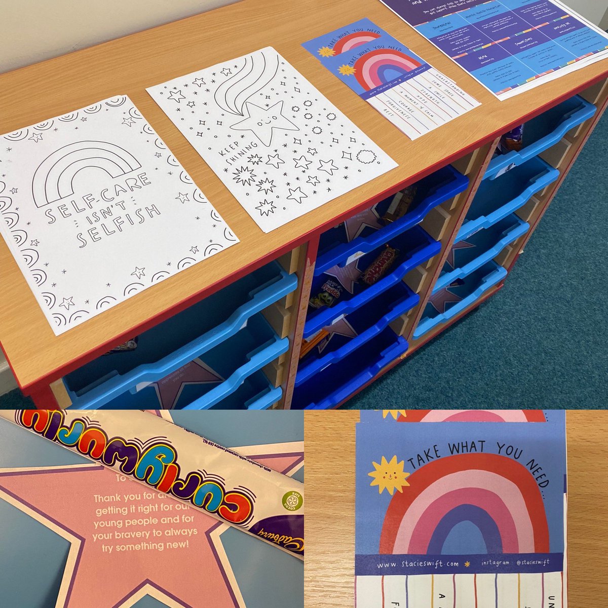 RossieEducation's tweet photo. Our lovely staff team have put together a staff wellbeing area including individual trays with personalised characters! Lots of ideas how we can develop this area, support our team’s wellbeing and continue to build a happy, healthy team 📚🍎 #ourteam #staffwellbeing #lovelyidea https://t.co/GEkHMicQlg