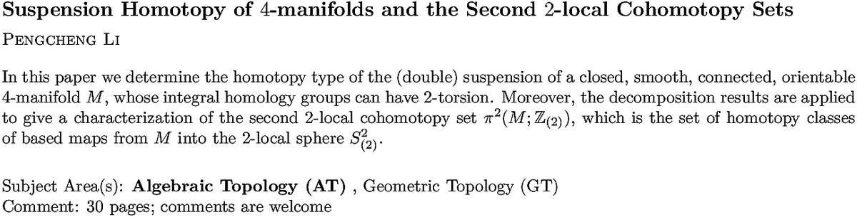 arxiv.org/abs/2211.12741…
P Li
Suspension Homotopy of $4$-manifolds and the Second $2$-local Cohomotopy
  Sets