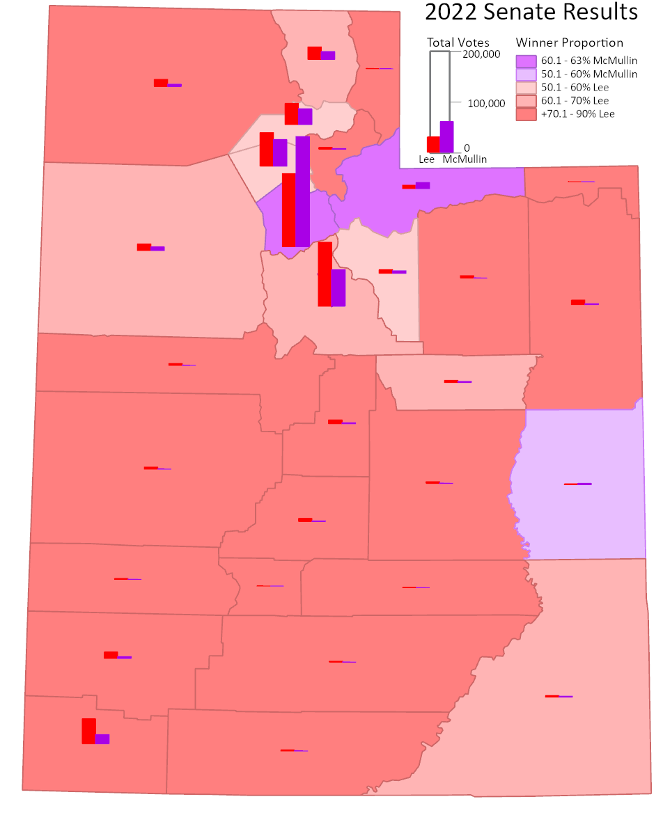 bplewe's tweet photo. #30DayMapChallenge Day 25: Two Colors. Not a lot of time during the holiday to do a good map. But thanks Evan for a valiant attempt to make Utah politically interesting and relevant, and letting me make a map with a different 2nd color! https://t.co/U163e1Akh5