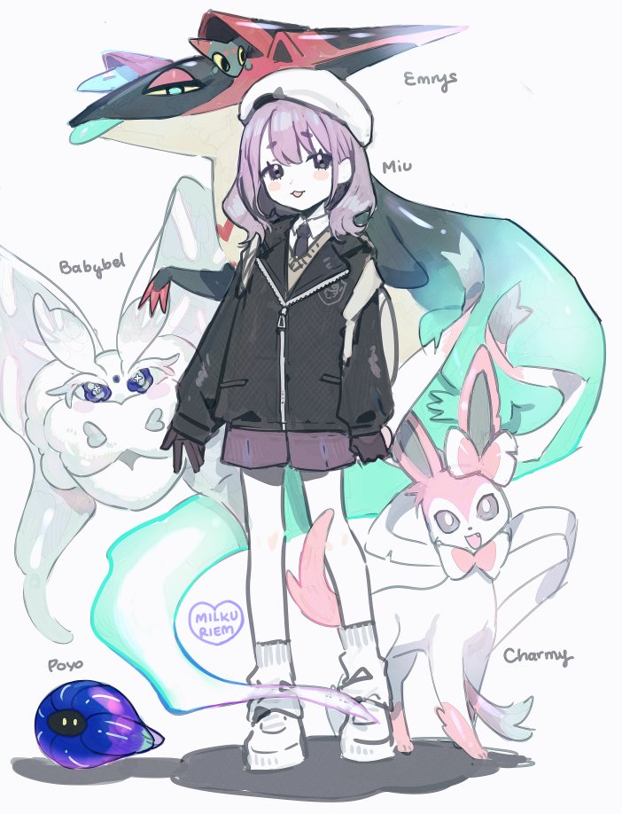 pokemon (creature) 1girl hat necktie purple hair gloves jacket  illustration images