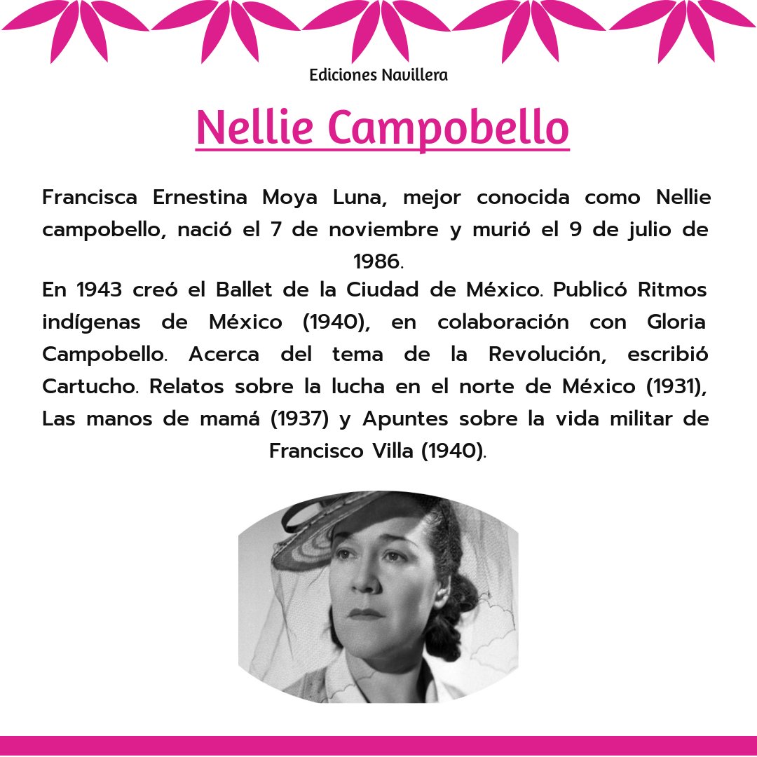 NavilleraMX's tweet photo. Para concluir con esta semana especial de recomendaciones traemos a la increíble aurora: Nellie Campobello. En Cartucho puedes encontrar relatos llenos de vivencias reales de la Revolución.
#EdicionesNavillera #Navillera #LiteraturaDeLaRevolucion #20denoviembre #NellieCampobello https://t.co/FyNwi4o5J3