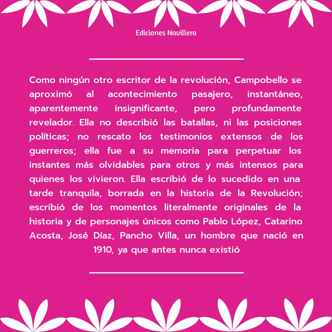 NavilleraMX's tweet photo. Para concluir con esta semana especial de recomendaciones traemos a la increíble aurora: Nellie Campobello. En Cartucho puedes encontrar relatos llenos de vivencias reales de la Revolución.
#EdicionesNavillera #Navillera #LiteraturaDeLaRevolucion #20denoviembre #NellieCampobello https://t.co/FyNwi4o5J3