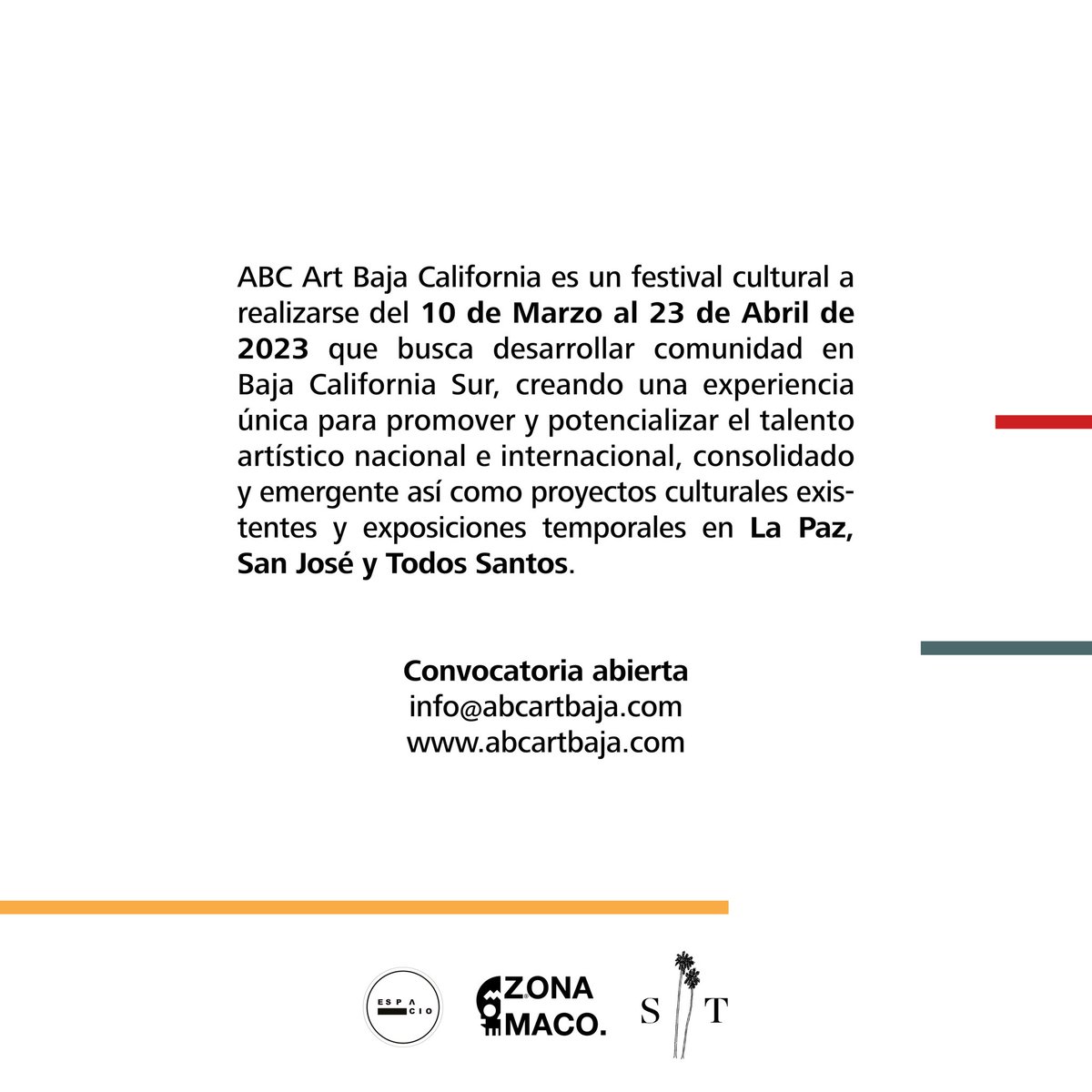 ZonaMaco's tweet photo. Participa en la primera edición del festival ABC Art Baja California. 💥
¡Aplicaciones abiertas!
#ABCArtBajaCalifornia #ZonaMaco #ZsONAMACO #ABCArtBaja https://t.co/jVzWtFbltM