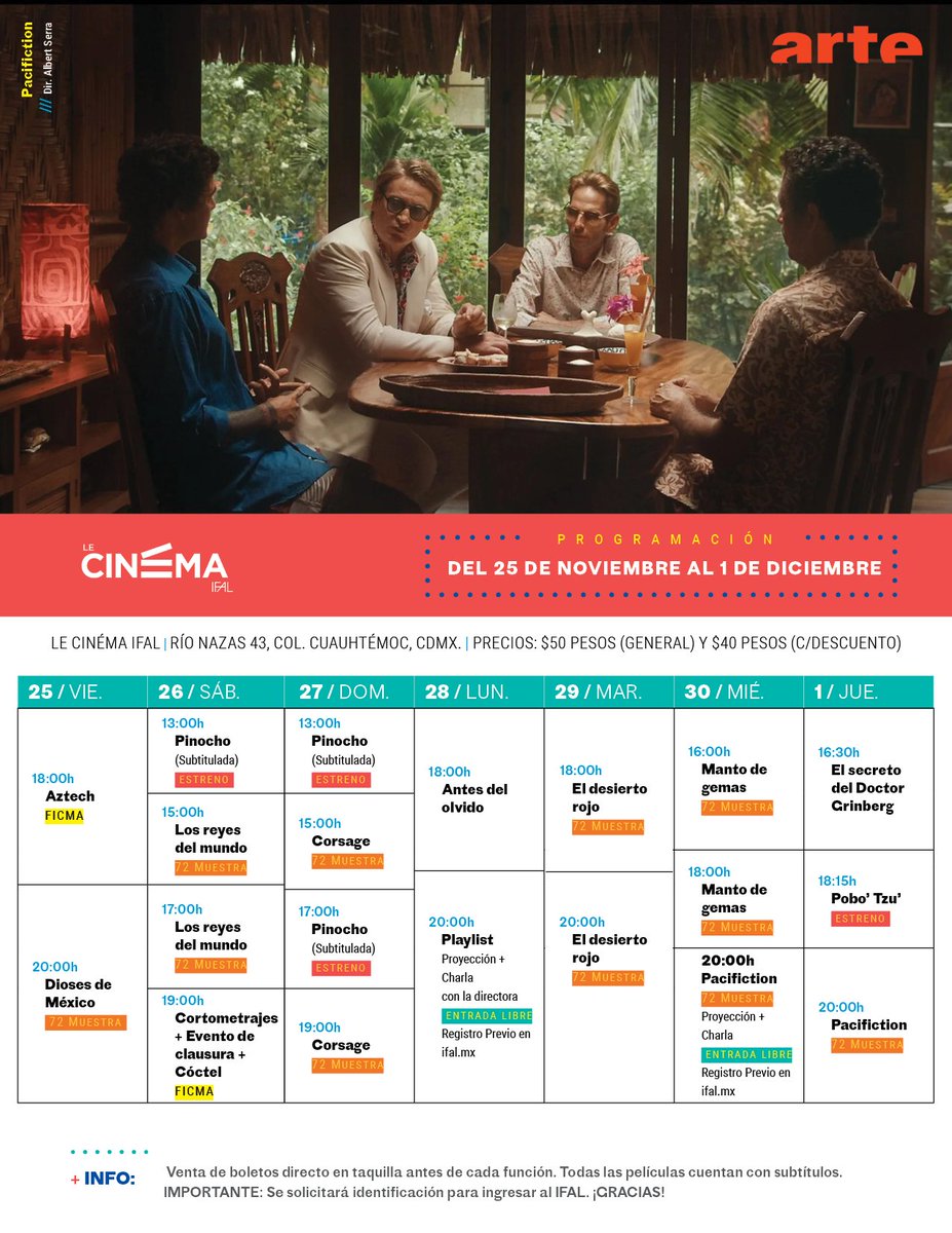🎥💥Cartelera del 25 de nov. al 1 de dic.

¡Inicia la 72 Muestra Internacional de Cine con cine mundial imperdible!

Como parte del <a href="/ficmafest/">Festival FICMA</a> "Aztech" y clausura

#Estreno de PINOCHO y Pobo'Tzu'

Sigue El secreto del Dr Grinberg y <a href="/_AntesDelOlvido/">Ciudad Cinema</a> 

🎟️Boletos en taquilla
