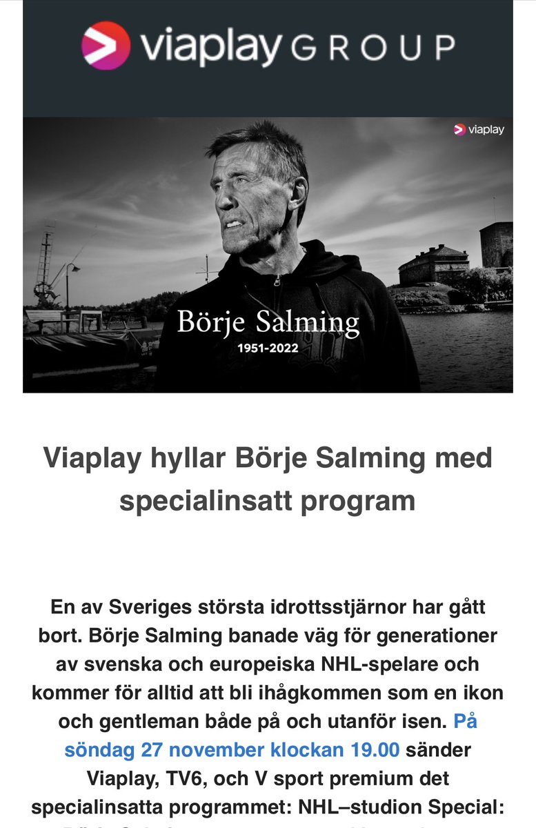 EXTRA: På söndag gör Vi en NHL-studion special för att hedra och minnas Börje Salming. 19.00 på TV6/Viaplay. Nicklas Lidström och Anders Hedberg gästar. Välkomna❤️
<a href="/FreeHappyHabits/">Erik Granqvist</a> <a href="/pasen22/">Håkan Södergren</a> <a href="/Niklas_Holmgren/">Niklas Holmgren</a> <a href="/ValleLizana/">Valentina Lizana</a>