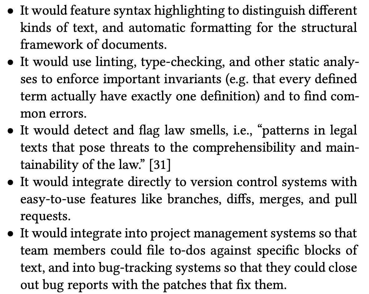 Is anyone building <a href="/grimmelm/">James Grimmelmann</a>'s IDE for law? 

james.grimmelmann.net/files/articles…

<a href="/AccordHQ/">Accord Project</a> looks like the closest thing?

cc <a href="/computational/">Computational Legal</a>, <a href="/mjbommar/">Michael Bommarito</a>, <a href="/MeganPHMa/">Megan Ma</a>, <a href="/CodeXStanford/">CodeX Stanford</a>