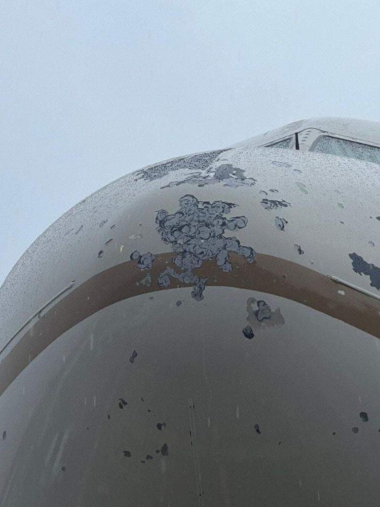 aviationbrk's tweet photo. Saudi Arabian Airlines A330 sustains hail damage to its nose cone and cockpit windshield on approach to Jeddah Airport in Saudi Arabia. SV452 from Khartoum landed safely moments later. https://t.co/NGuBoMBDD6