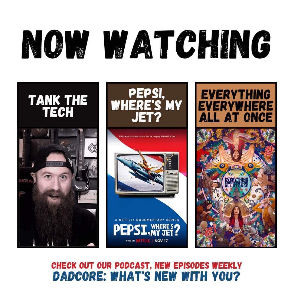 DadCoreOfficial's tweet image. DADCORE • NOW WATCHING

Adam x Everything Everywhere All At Once (Prime)

Adam² x @TankTheTech (YouTube)

Dan x Pepsi, Where’s My Jet? (Netflix)

#podcast #nowwatching #Netflix #Prime #YouTube #tankthetech #EverythingEverywhereAllAtOnce #PepsiWhereIsMyJet #tv #cinema #movies