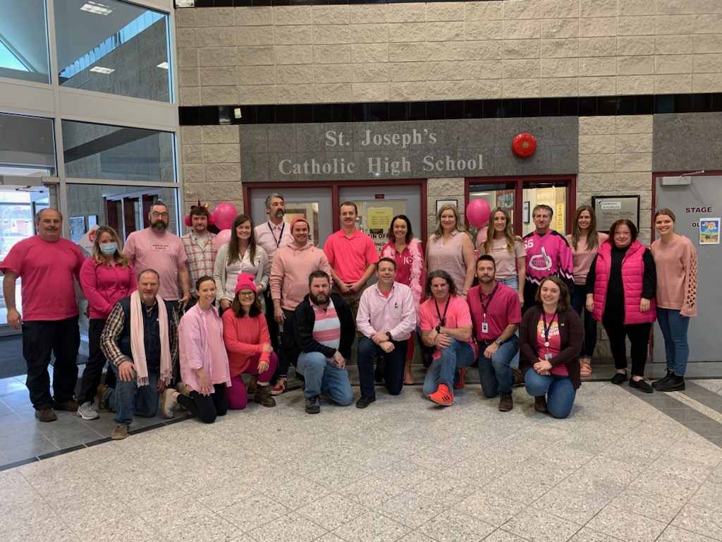 A_Richards77's tweet photo. St Joe's Staff rocks #pinkshirtday. Lots of positive vibes!! @RCCDSB @RCCSafeSchools @sjchsrenfrew https://t.co/0uOKNtYkNz