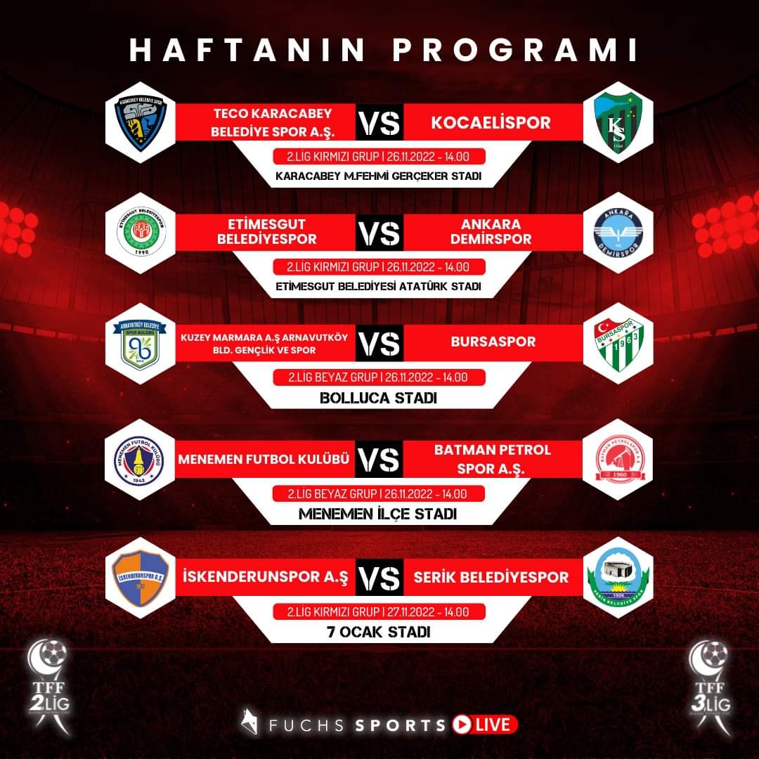 CANLI YAYIN BİLGİSİ:

BATMAN PETROLSPOR'umuz, yarın Saat: 14.00'te karşılaşacağı Menemen FK maçı FuchsSports'da CANLI olarak yayınlanacaktır.

Takımımıza başarılar diliyoruz.

#GURBETÇİPETROLSPORLULAR