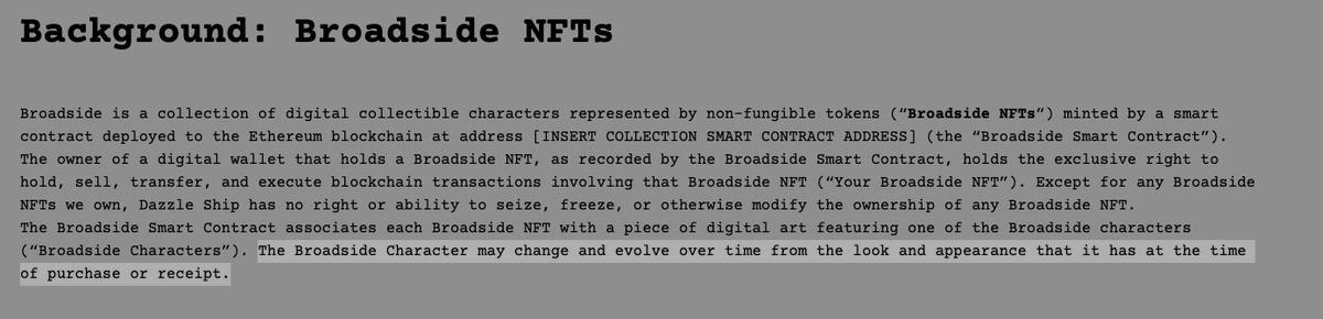 jawneero's tweet photo. I don't know if i'm late to the party but did anyone else notice this on the br0ads1de website nft terms? 👀 "The Broadside Character may change and evolve over time from the look and appearance that it has at the time of purchase or receipt." 🤯 ☠️🔺 #broadsideNFT #BONESUP https://t.co/YbaMSkh4CZ