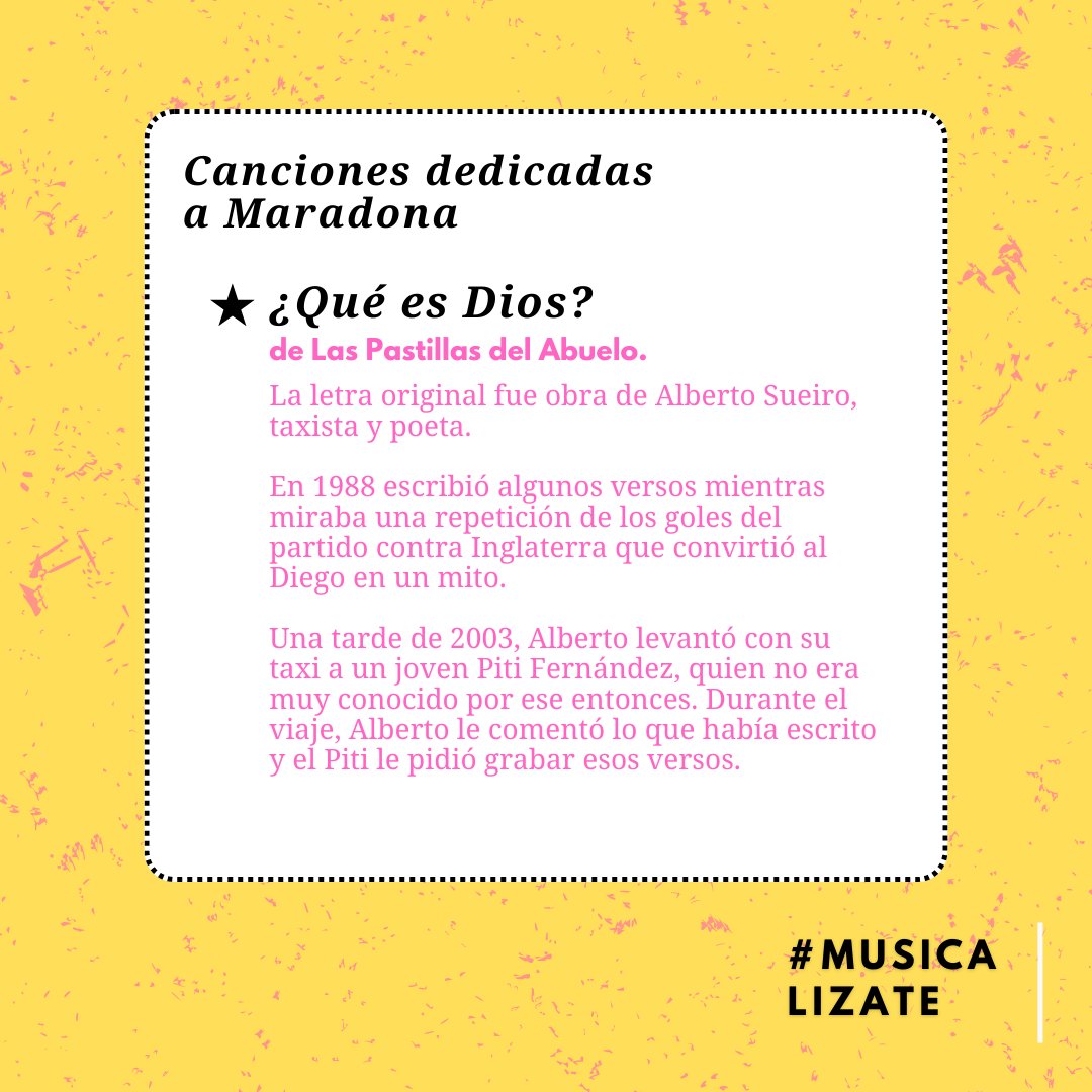 unratitook's tweet photo. 🗓 Hoy tuvimos un programa especial por el aniversario de la muerte de Diego Armando Maradona.

🎵 En #Musicalizate, @SofiGarcea1 nos trajo 5 canciones que homenajean al futbolista. 

🤔 ¿Conocían alguno de los temas? ¿Cuál agregarían a esta lista? 
¡Los y las leemos! https://t.co/S1TSChYC0T