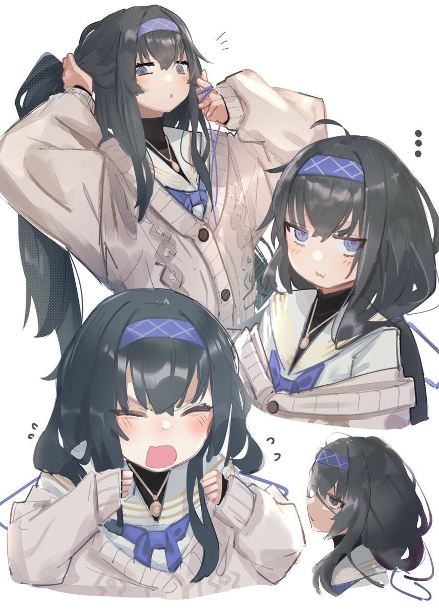 ui (blue archive) 1girl black hair hairband long hair multiple views bags under eyes cardigan  illustration images