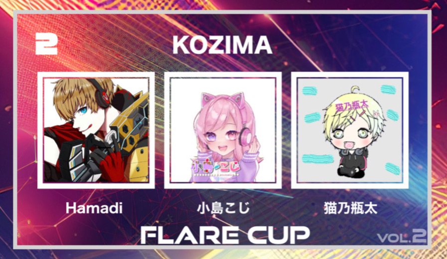 【 FLARECUP vol.2 参加チーム✨】

チーム名：『KOZIMA』

チームメンバー
小島こじ @KoZiKoZiii8 
Hamadi <a href="/hamadi_jp/">はまやん</a> 
猫乃瓶太 @usaboon1101