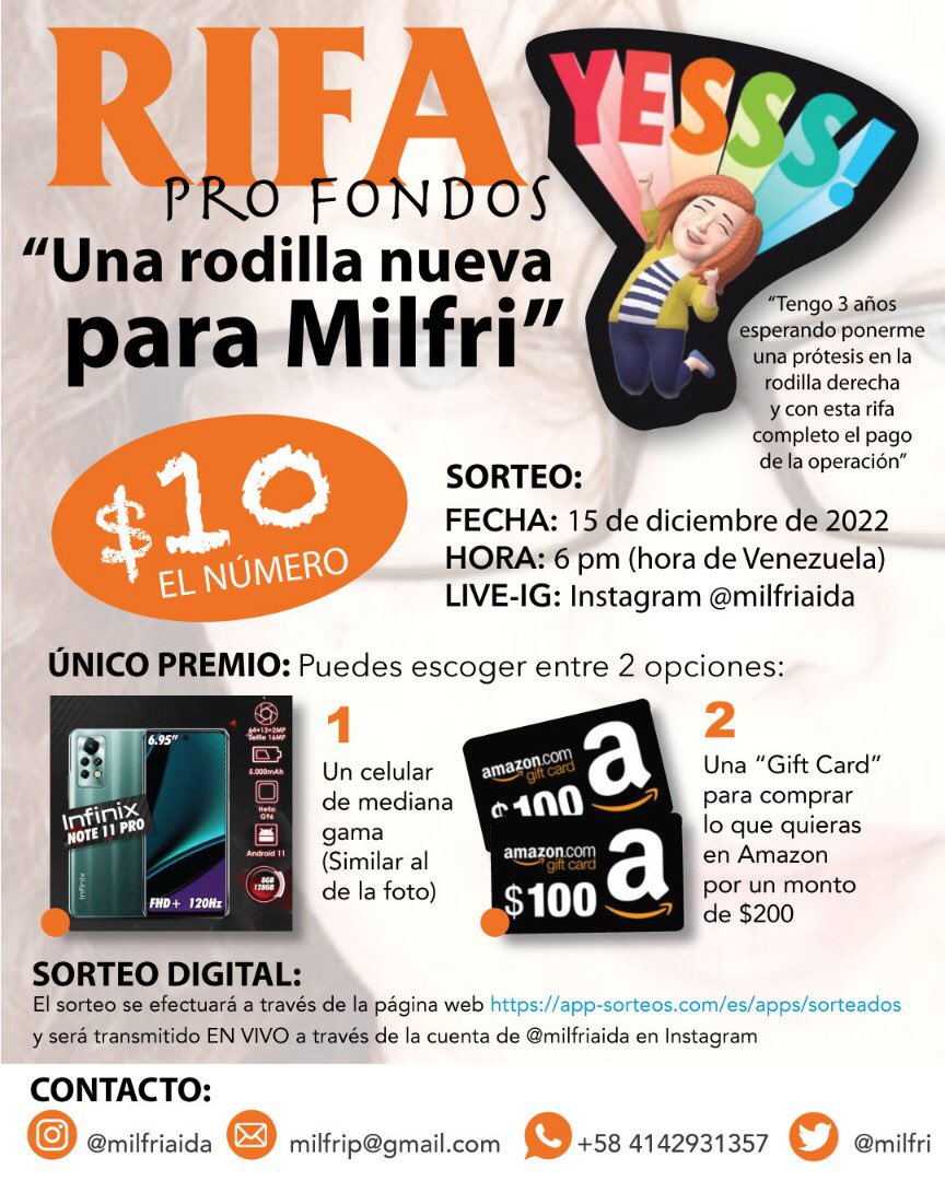 milfri's tweet photo. Mi gente me falta un empujón para finalmente pagar la operación de la rodilla (ponerme una prótesis) y para eso estoy haciendo esta rifa! Si se animan a comprar un número, escriban al privado o Retuiteen! Para ustedes mi mayor alegría porque ya estoy cerca! https://t.co/rtkiZW08x7