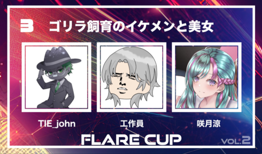 【 FLARECUP vol.2 参加チーム✨】

チーム名：『ゴリラ飼育のイケメンと美女』

チームメンバー
咲月涼 @sqtuki_ryo 
TIE_John　<a href="/tie_j0hn/">TIE john(じょん)</a> 
工作員 <a href="/kousaku_2525/">工作員@べしゃり最強系MC</a>