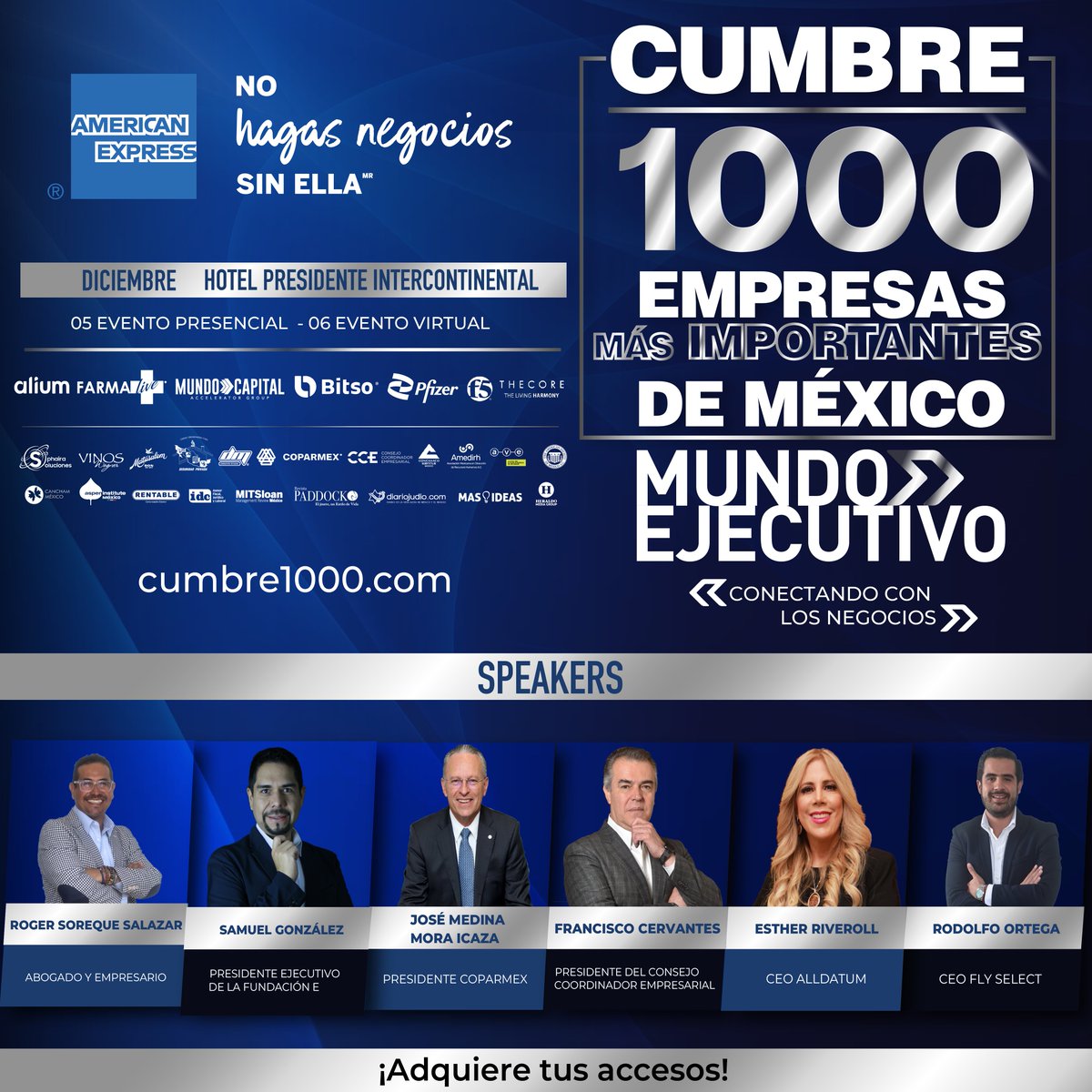 MundoEjecutivo's tweet image. Empresarios como Roger Soreque Salazar, Samuel González de Fundación E, José Medina Mora Icaza de @Coparmex; Francisco Cervantes del @cceoficialmx, Esther Riveroll de #Alldatum y Rodolfo Ortega de #Flyselect estarán en la #Cumbre1000.

BOLETOS.👉🏻cumbre1000.com