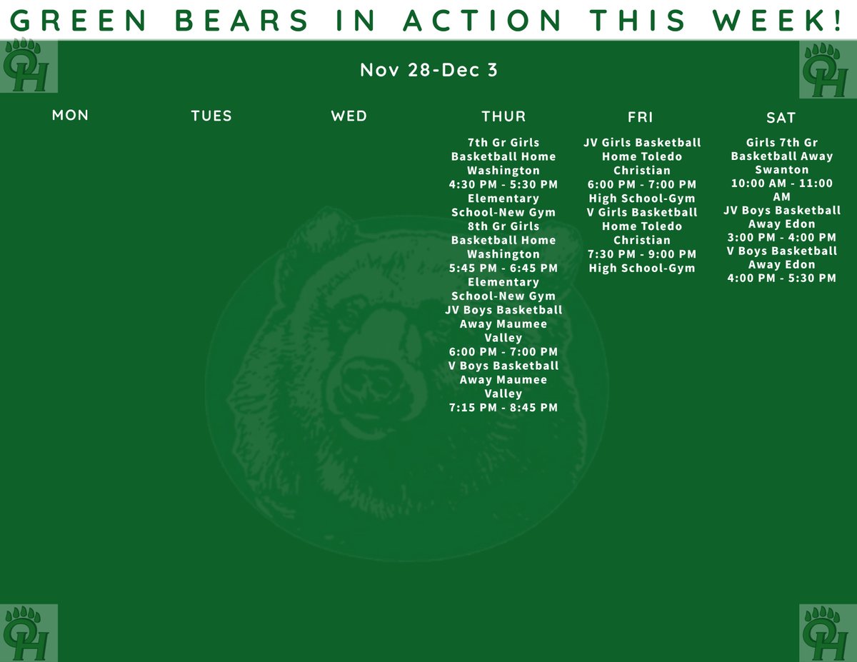 Starts off slow, but by the end of the week we will be in full swing. Catch a game-support the Green Bears! 

jhhs.ohschools.org/athletics/cale…
 
<a href="/GreenBearSports/">OH Athletics</a> <a href="/HillsBarstool/">OTTAWA HILLS BARSTOOL</a> <a href="/ohschools/">Ottawa Hills Local Schools</a> <a href="/thegreenbearrr/">the big bear on campus</a> <a href="/AdamFineske/">Adam Fineske</a> <a href="/OHHSPrincipal/">Benjamin McMurray</a>