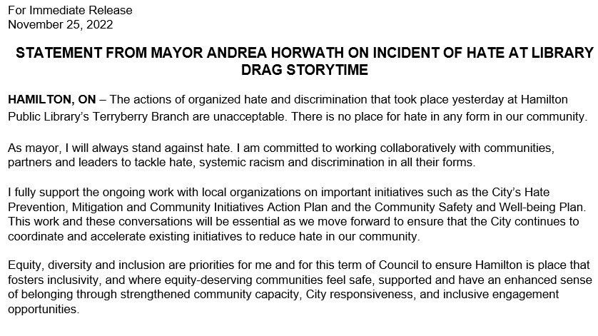 AndreaHorwath's tweet photo. Yesterday's actions of organized hate and discrimination at @HamiltonLibrary Terryberry Branch are unacceptable. I am committed to working collaboratively with communities, partners and leaders to tackle hate, systemic racism and discrimination in #HamOnt in all their forms. https://t.co/exB8sW50BL