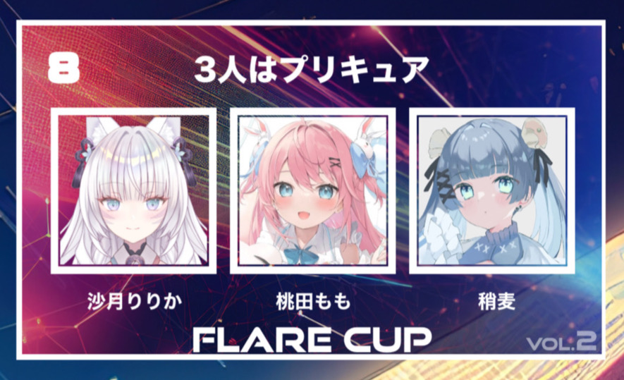 【 FLARECUP vol.2 参加チーム✨】

チーム名：『3人はプリキュア』

チームメンバー
桃田 もも  <a href="/Momotamomo_0303/">桃田 もも🍑🦖アイドルVtuber</a>
沙月りりか  <a href="/SatsukiLilica/">沙月りりか🌙🌸個人Vtuber</a>
稍麦  <a href="/yaya_mugi/">稍麦🥟yayamugi 💿2nd OriginalSong 配信＆CD販売中</a>