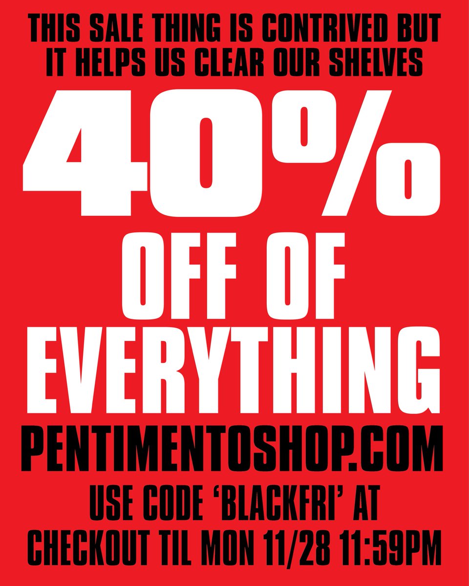 For everyone in the back of the room! Sale’s been going on for a bit and we’re running low on or are out of many designs. You know the drill, go to our merch shop at pentimentoshop.com and use code BLACKFRI at checkout for 40% off of EVERYTHING WE HAVE IN STOCK. TOODLES!