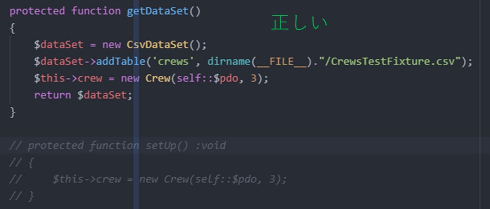 askytoo's tweet image. レッドバーの原因がわかりました！
PHPUnitは各テストメソッド開始時にsetUpメソッドを呼び出すのですが、dbunitではgetDataSetを呼び出します。
私の場合、両メソッドを記載し、かつインスタンス生成がsetUpの方でしか記載がありませんでしたので、
テストメソッドによってエラーが出たりでなかったり